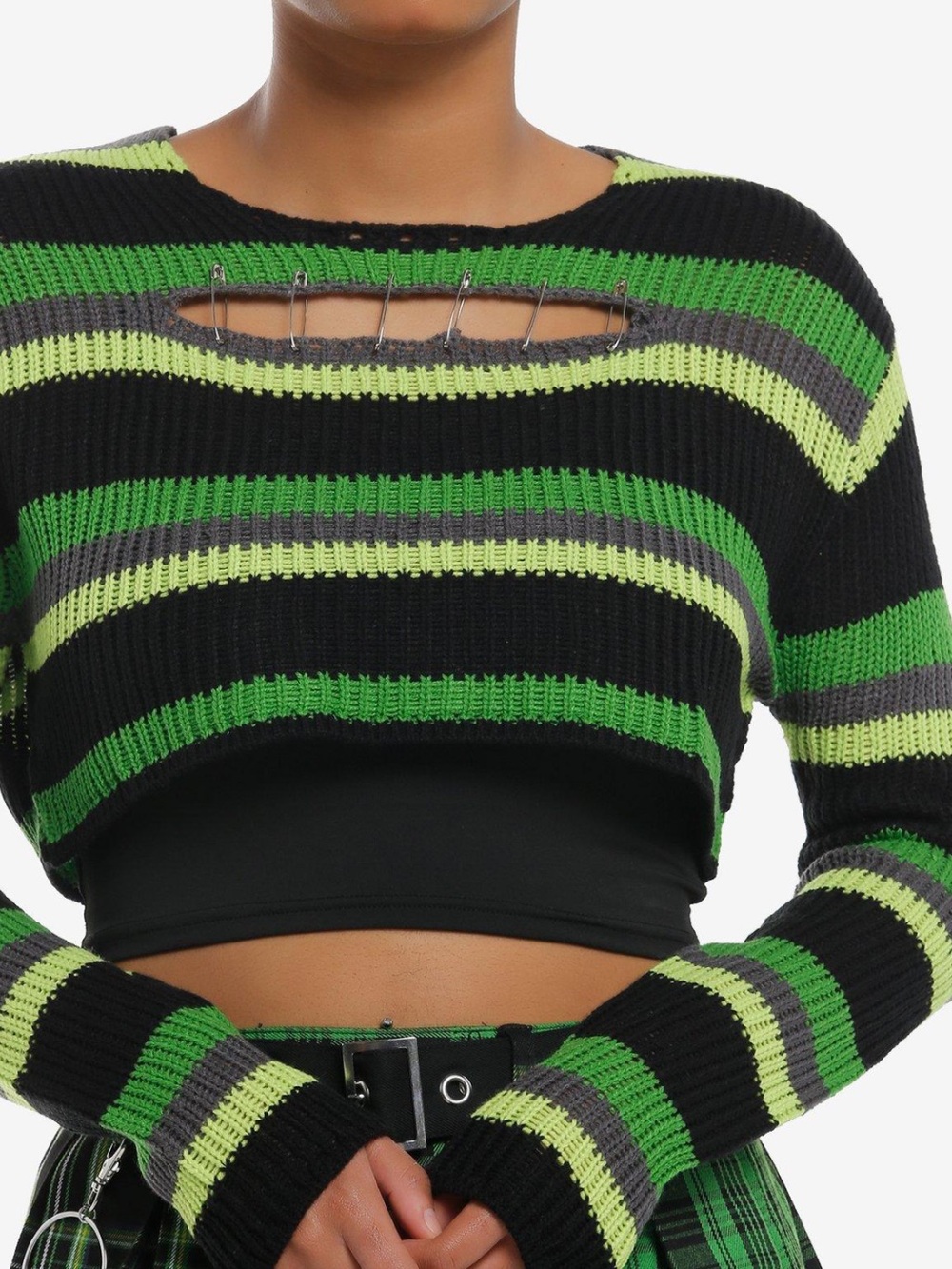 Social Collision Green Stripe Safety Pin Punk Goth Crop Sweater S Bolero Grunge